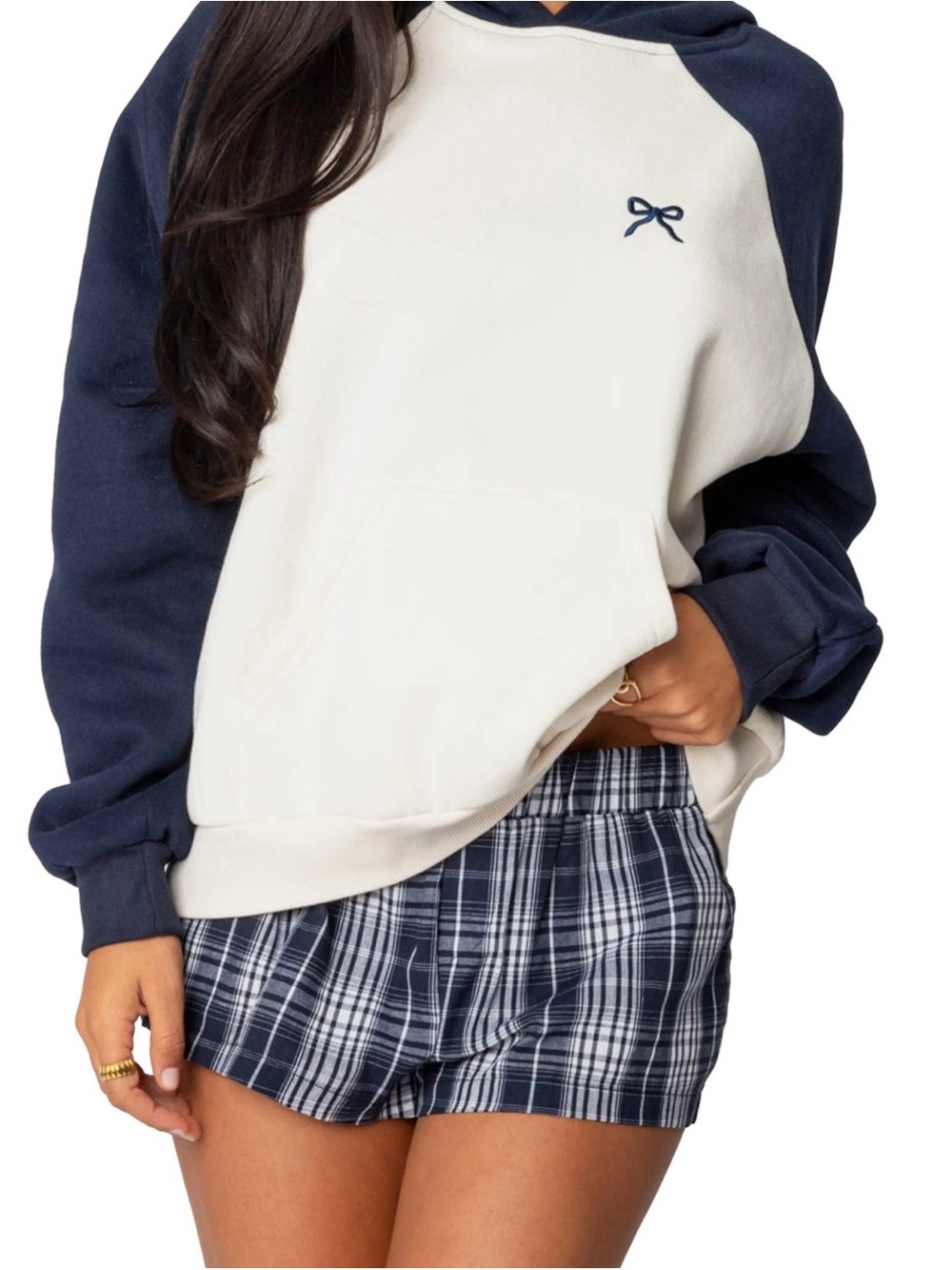 Edikted Navy and White Hooded Sweatshirt with Bow Embroidery